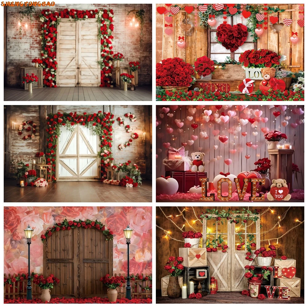 

Valentine‘s Day Backdrops Backdrop for Photography Red Rose Love Heart Balloons Brick Wall Wedding Background Photo Studio Props