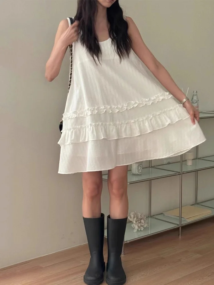 Vestido de Verão com Detalhes em Renda Liangliang, Novo Estilo E, Sem Mangas, Saia em Camadas, Saia Curta, Estilo Core...