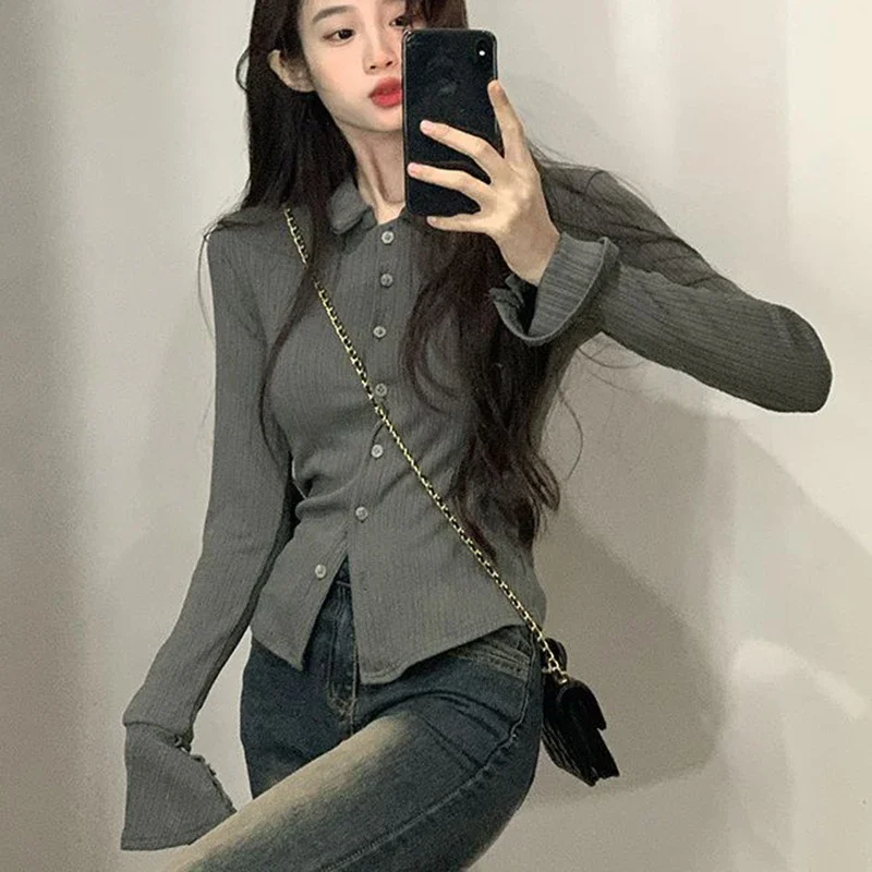 Korean Striped Shirt Women Slim Solid Button Flared Sleeve Gray Top High Street Skinny Basic Office Lady Harajuku School Blouses