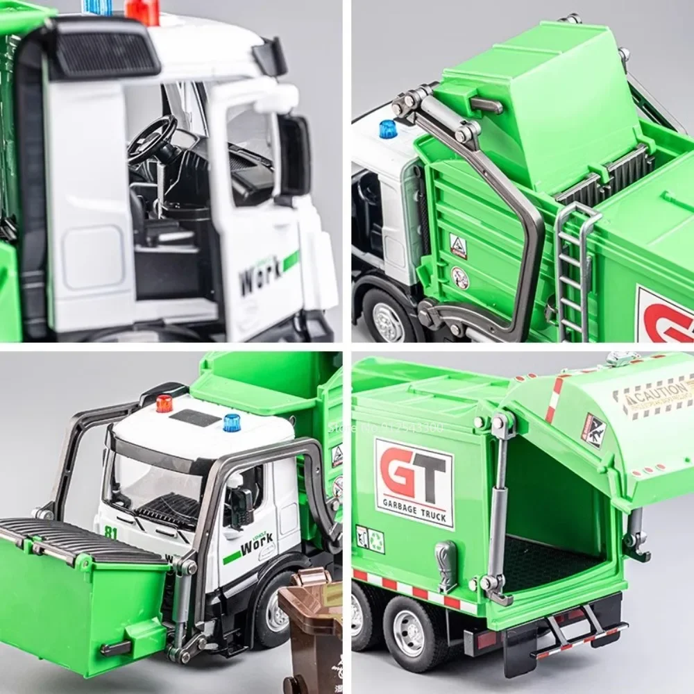 1:24 Urban Sanitation Garbage Truck Toy Model Car Alloy Diecast Light Music Pull Back Engineering Vehicle Collection Gifts Boys