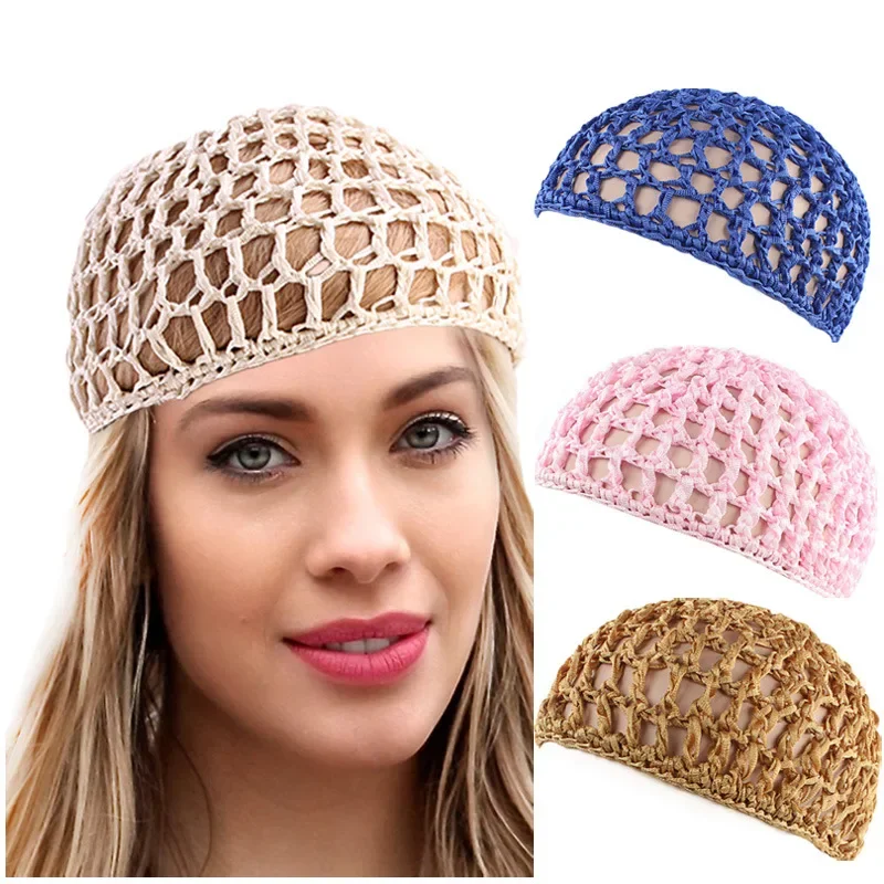 New Women's Mesh Hair Net Crochet Cap Solid Color Leisure Sleeping Night Cover Turban Hat Popular Casual Beanie Wig Hats