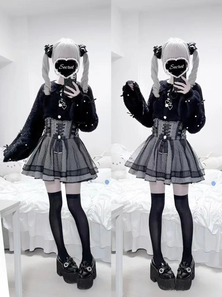 Autumn New Darkly Japanese 2-piece Set Women Design Gothic Sweet Long Sleeve Lace T-Shirts Fashion Retro Plaid Bow Short Skirt