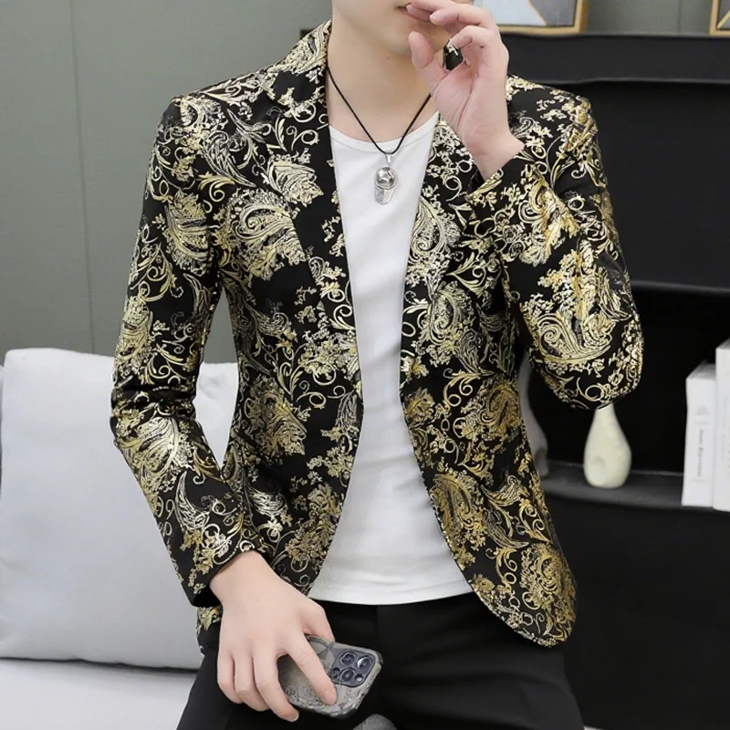 Modny męski garnitur slim fit z kwiatowym haftem, młodzieżowy, stylowy, z ukrytymi kwiatami, zachodni, długi płaszcz.