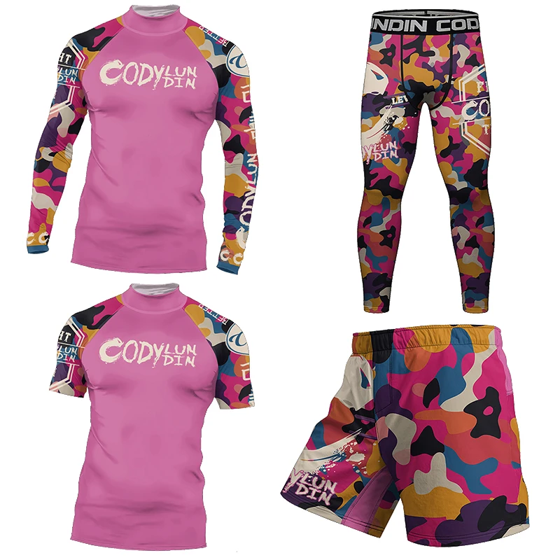 MMA BJJ 4pcs No-Gi Rash Guards Suits Sports Men Essential Stretchy Training Compression Moisture T Shirt+Pant Fighting Sweatsuit
