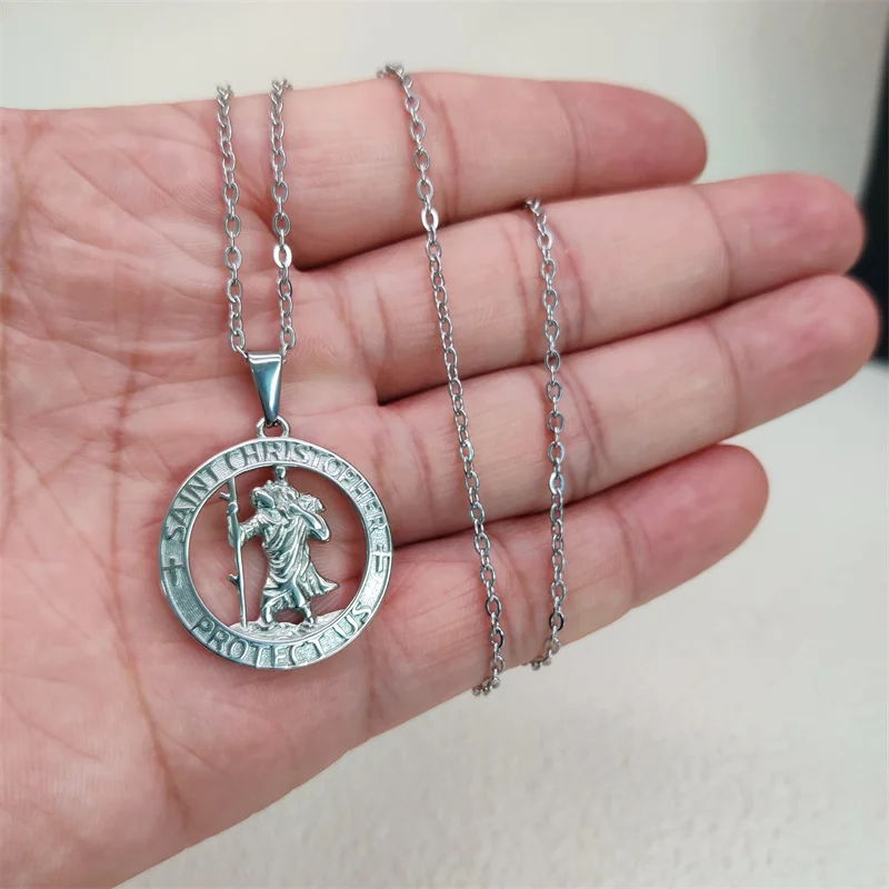 Hot Sale Religious 18K Gold Plated St.Christopher Necklace Stainless Steel Pendant Necklace For Men Women Jewelry Gift