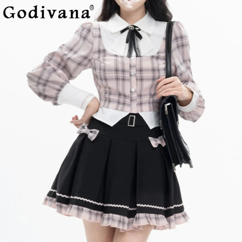 Spring Summer New College Style Sweet Fake Two-piece Retro Plaid Shirt Girl Fashion High Waist A-line Bow Splicing Pleated Skirt