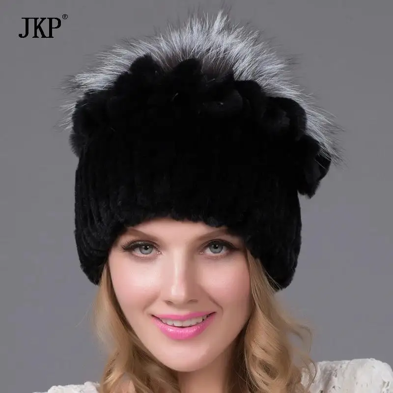 

JKP Россия Леди Зимняя женская вязаная шапка из натурального кроличьего меха Женская модная зимняя теплая меховая шапка-бомбер из лисьего меха