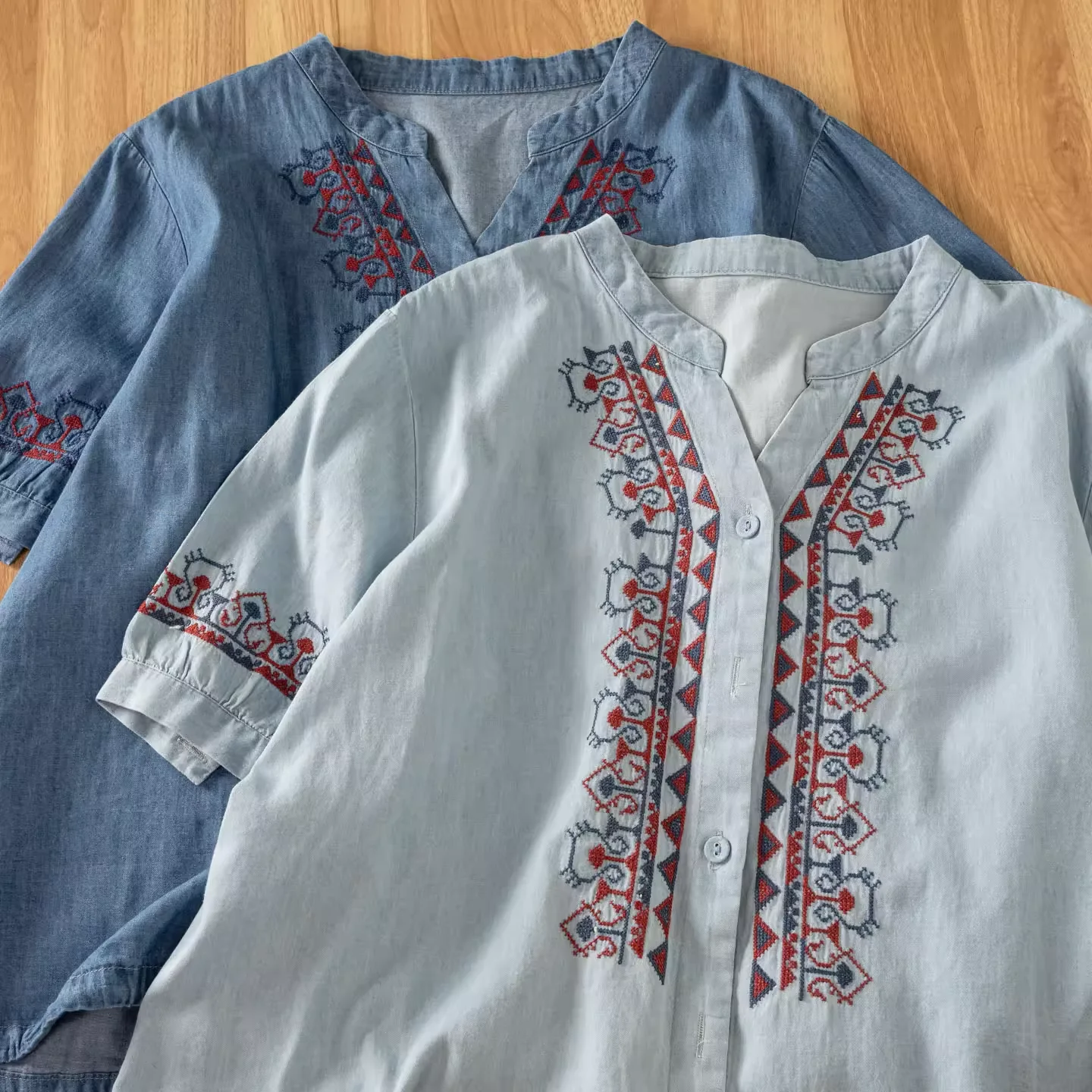 

Women's summer clothes Mexican style 100% cotton v neck embroidered denim shirts and blouses for women vintage jean tops