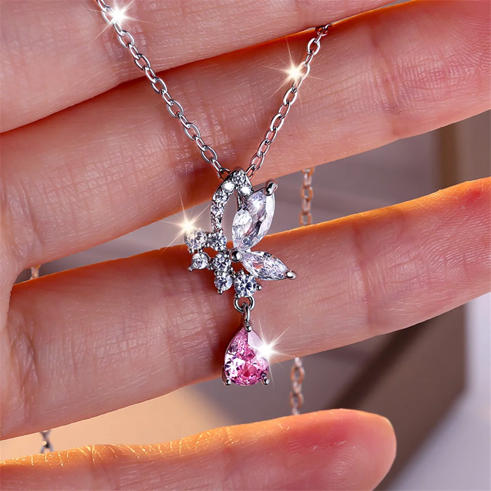 Female Crystal White Pink Zircon Drop Water Pendant Necklace Vintage Silver Color Wedding Jewelry For Women