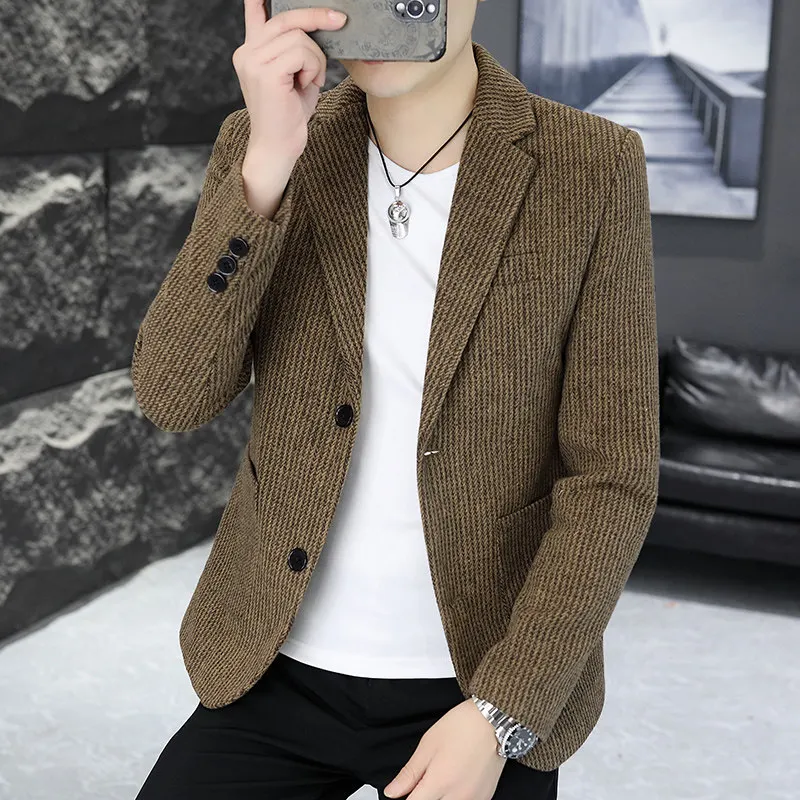

Мужской повседневный костюм Slim Fit с двумя пуговицами, корейский стиль, однотонный пиджак, модная мужская одежда, верхняя одежда из одной части ткани