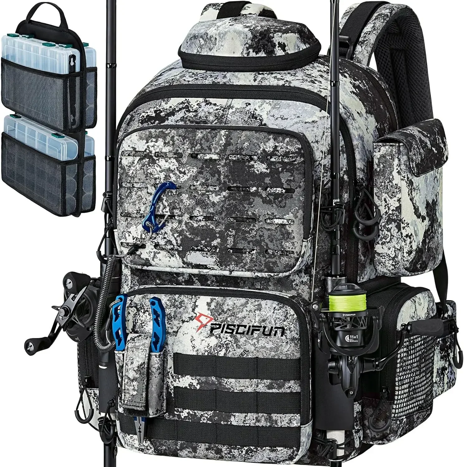 

AFor Piscifun Fishing Tackle Backpack 45L with Rod Holders & 4 Tackle Boxes & Rain Cover