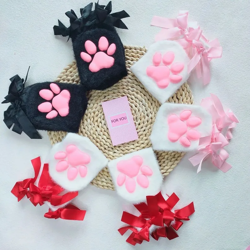 Womens Winter Socks Warm Plush Cat Paw Pad Ladies Girls pink Bow Knot 3D Cosplay Lolita Harajuku Y2k female Fluffy Thermal Fuzzy