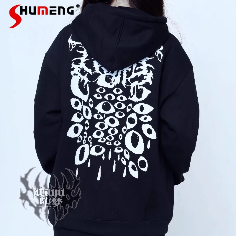

Black Color Long Sleeves Zipper Printed Hooded Unisex Fleece Sweatshirt Jacket Japanese Subculture Gothic Style Coat Y2k Hoodies