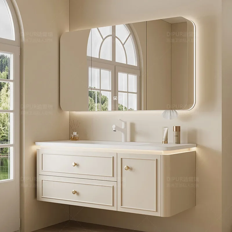 Modern Bathroom Cabinet Corian Integrated Ceramic Basin Oak Painted Cabinet French Premium Toilet Hand Wash Basin Combination