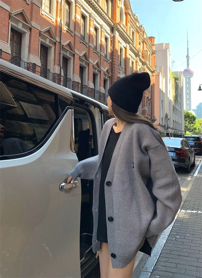 Dongda Gate Outono Inverno Novo Estilo Retro Preguiçoso Solto Manga Crida Cardigan de Malha Letra Bordado Suéter Jaqueta p...