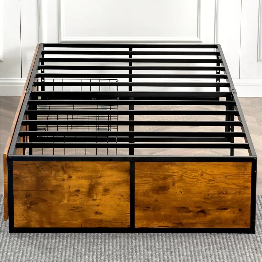 Cama de Solteiro com Gavetas De Armazenamento, Plataforma De Metal, Footboard, Suporte De Metal Slat, Nenhuma Caixa De Mola Necessária, 9 Forte, 2 XL