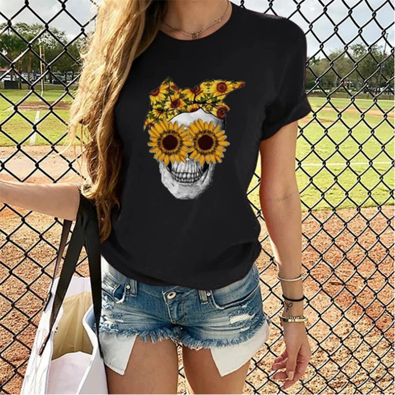 

Women Spring Casual Summer Tops Chrysanthemum Sunglasses Skull Print Casual Short Sleeved T-Shirt Clothing For Happy Holiday