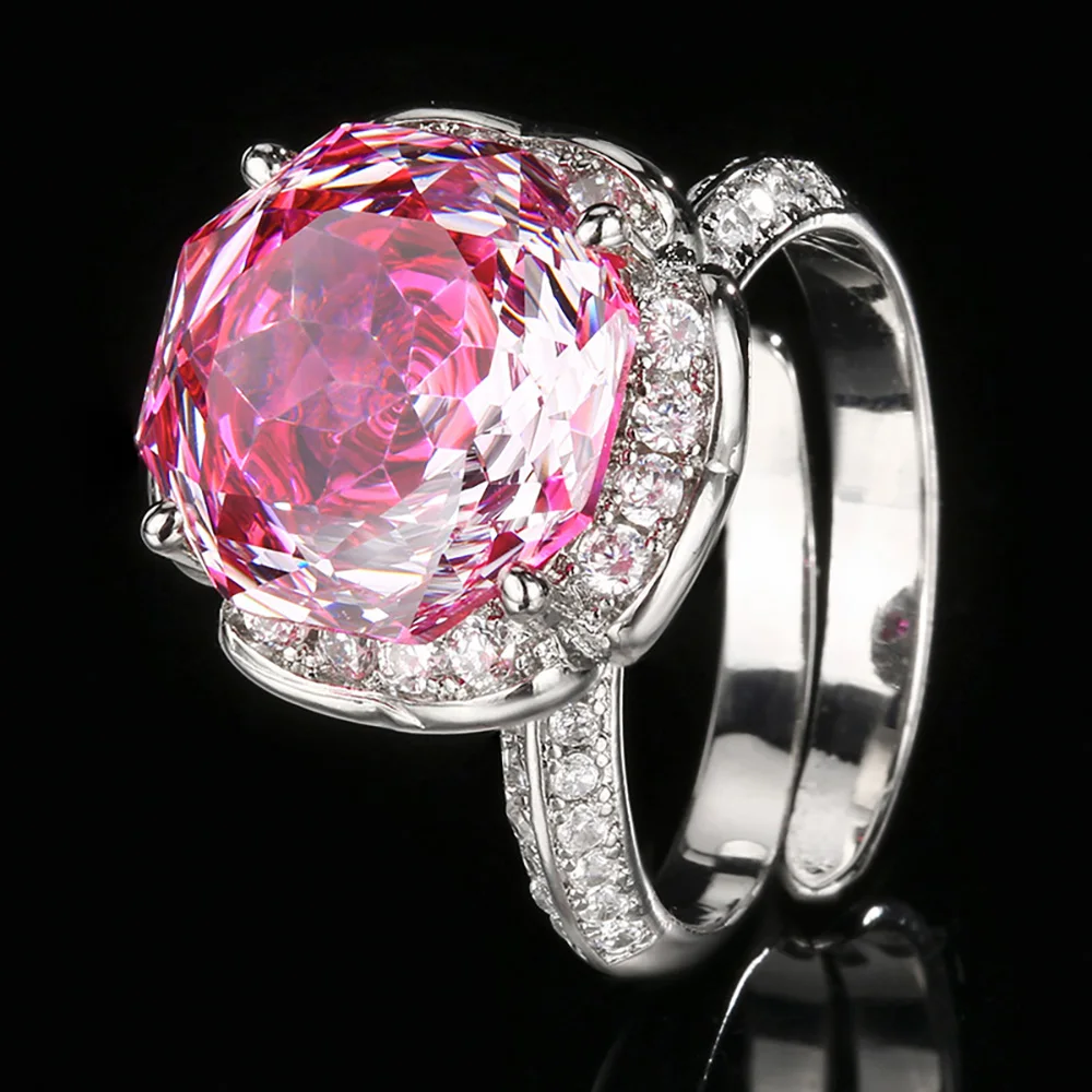 Sparkling 12MM Pink Quartz Aquamarine Tourmaline Rings for Women Party Fine Jewelry  Accessories Statement Lady Anniversary Gift