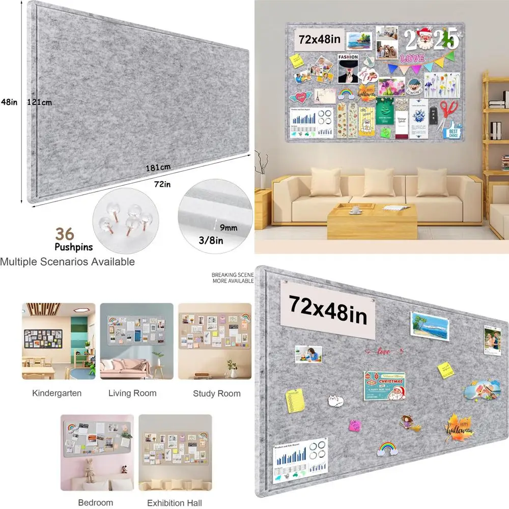 72x48 Inch Foldable Felt Wall Board, Self-Adhesive Photo Display with 36 Pushpins, Light Gray Decorative Pinboard