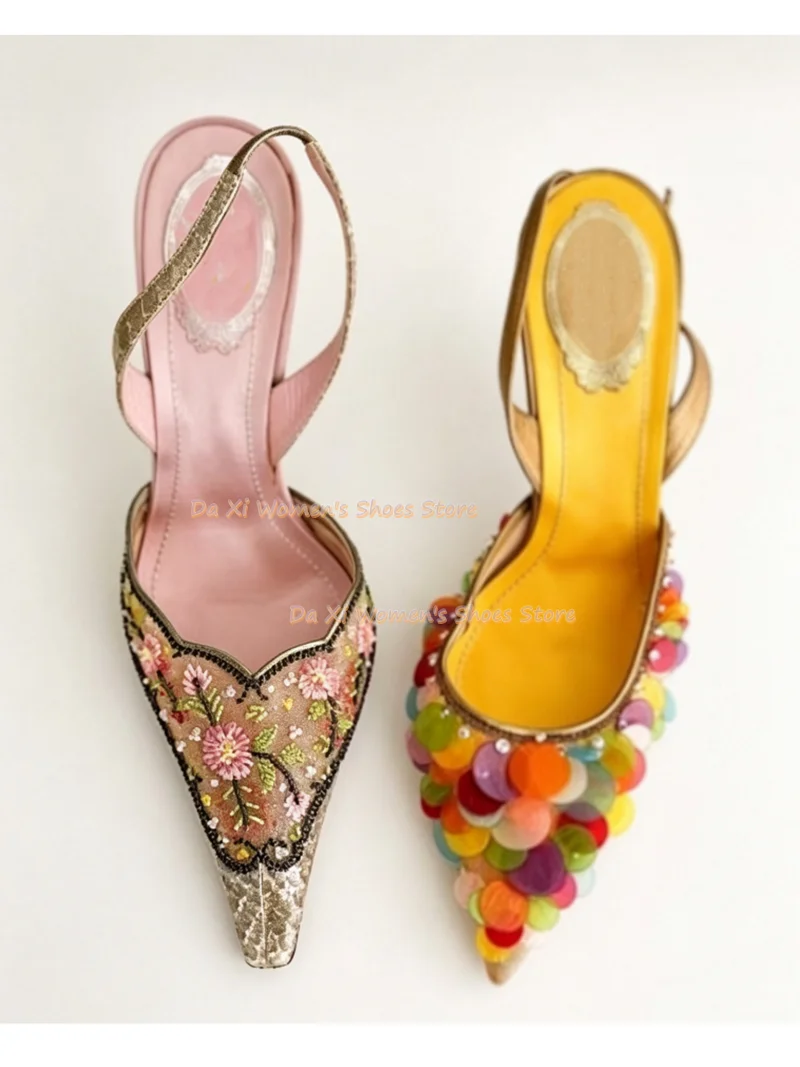 Pointed bare heels High heel color shell sequins tassel decorate stilettos sandals luxurious luxurious wedding party High heel