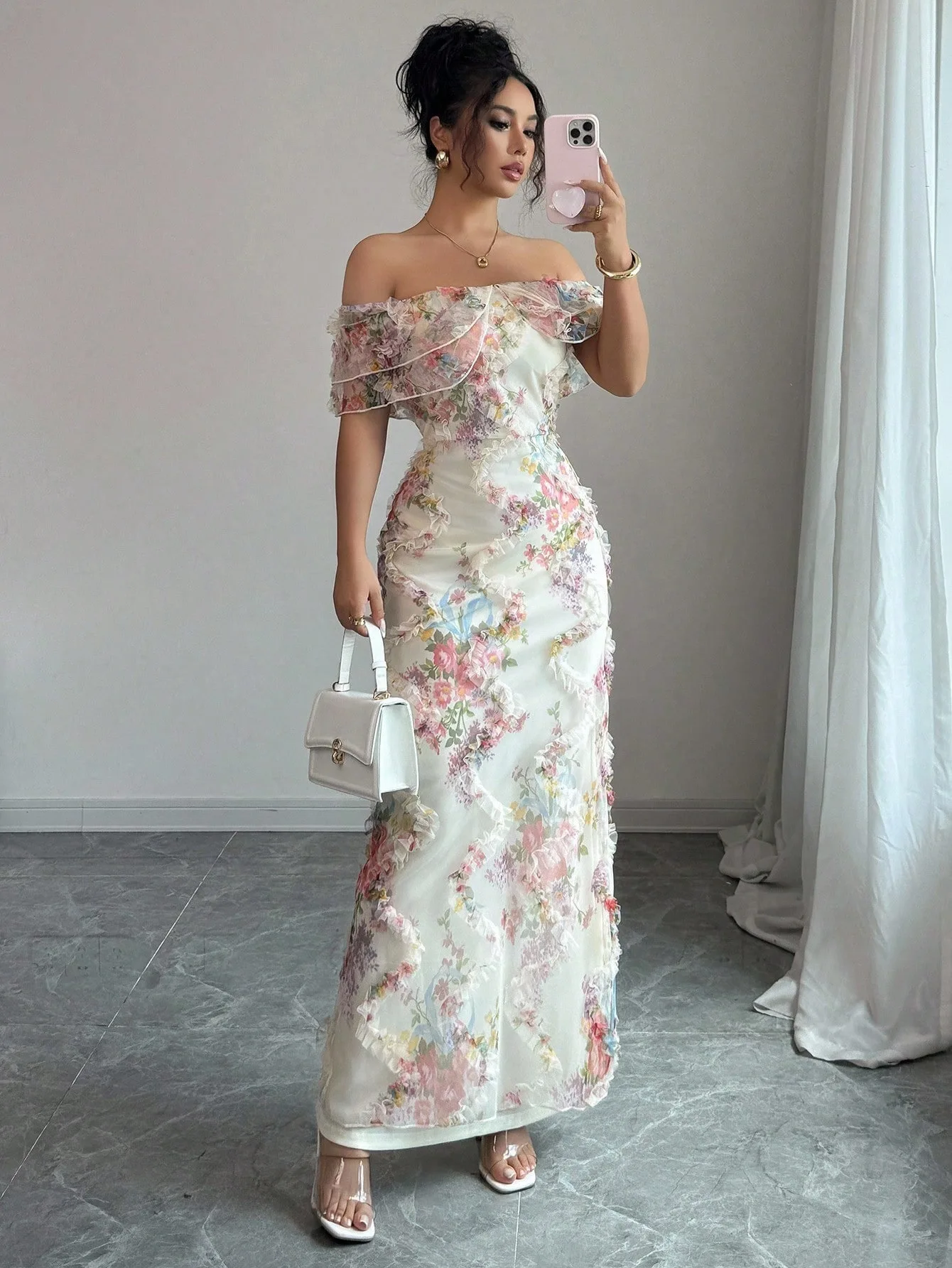 

Printed new fashionable women's dress with elegant and romantic ruffled edges shoulder hugging waist tight mesh floral dress