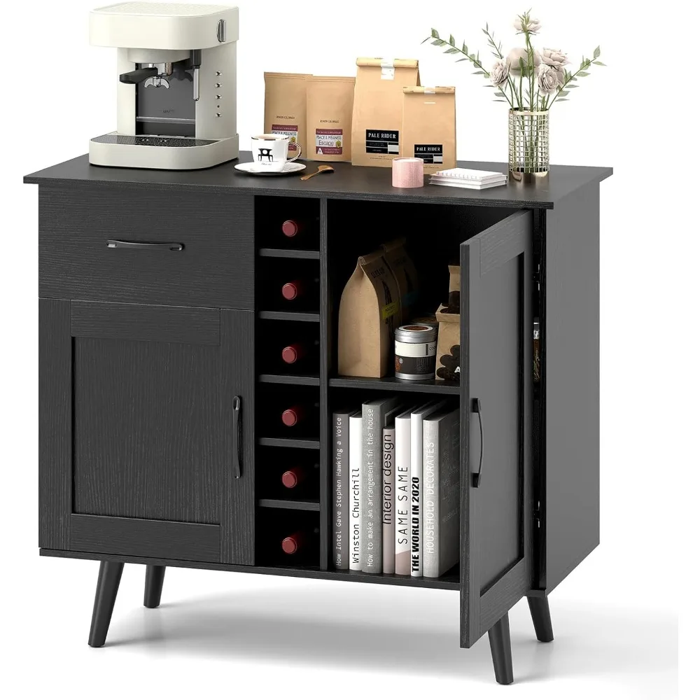 

Buffet Cabinet with Storage, Liquor Cabinet w/ 6-Bottle Wine Rack, 1 Drawer & 2 Doors, Wood Buffets & Sideboards, Farmhouse Coff