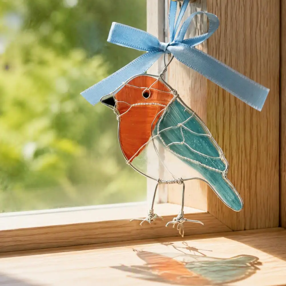 Sea Glass Bird Ornament, Coastal Style Hummingbird Hanging Ornament, Glass Blue Jay Owl Pendant with Bowknot for Christmas
