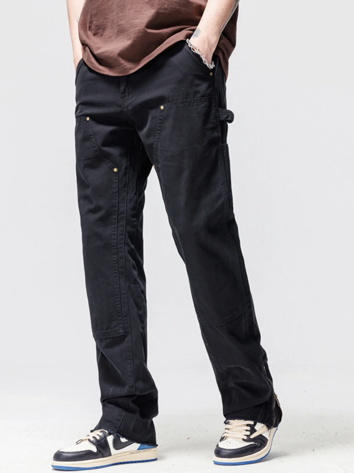 Black Workwear Jeans Men's Trendy Loose Straight American High Street Multi Pocket Zip Splicing Long Trousers