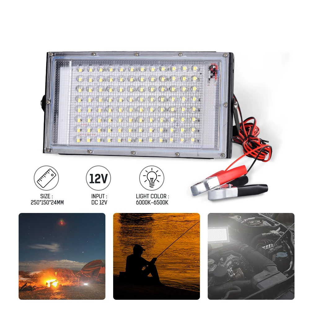 Portable LED Floodlight 50W 100W DC12V Electric Clip Charger LED Outdoor Spotlight Emergency Lamp For Camping Hiking Working