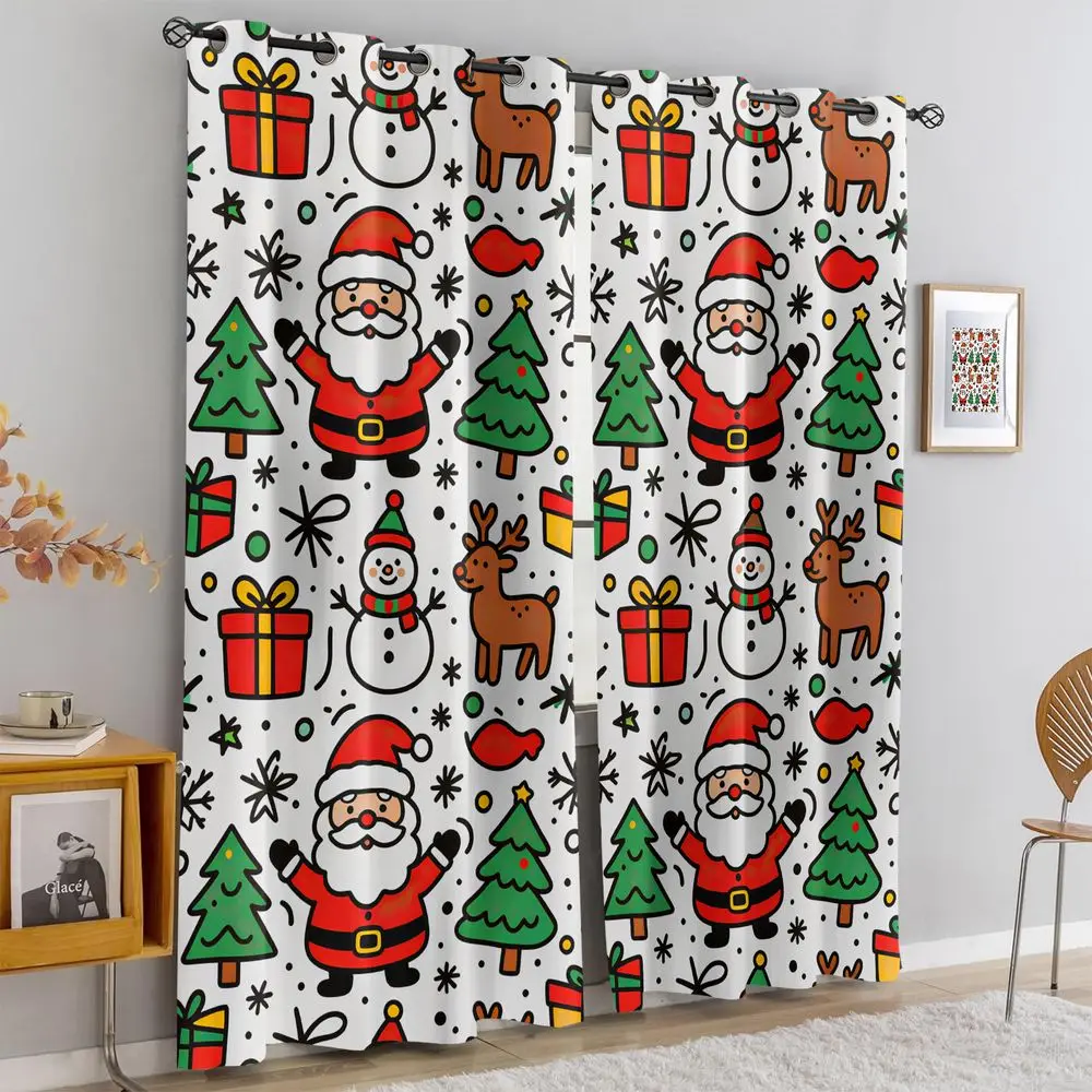 Christmas Santa Reindeer Printed Curtains 2 Panels Light Blocking Rate 85% Darkening Holiday Window Drape