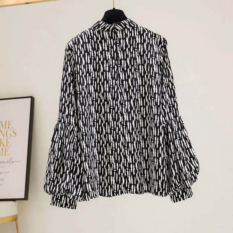 Black Striped Print Chiffon Stand Collar Lantern Sleeve Pullover Women\'s Blouse Shirt Casual Female Clothing Tops Fashion 2024