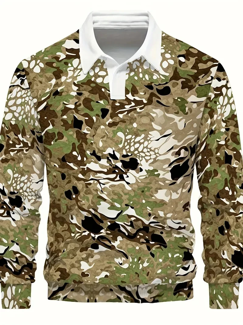 Fashionable Men's Camouflage Printed Men's Polo T-shirt Casual Trend Military Fan Top Autumn New Long Sleeved Lapel Polo Shirt