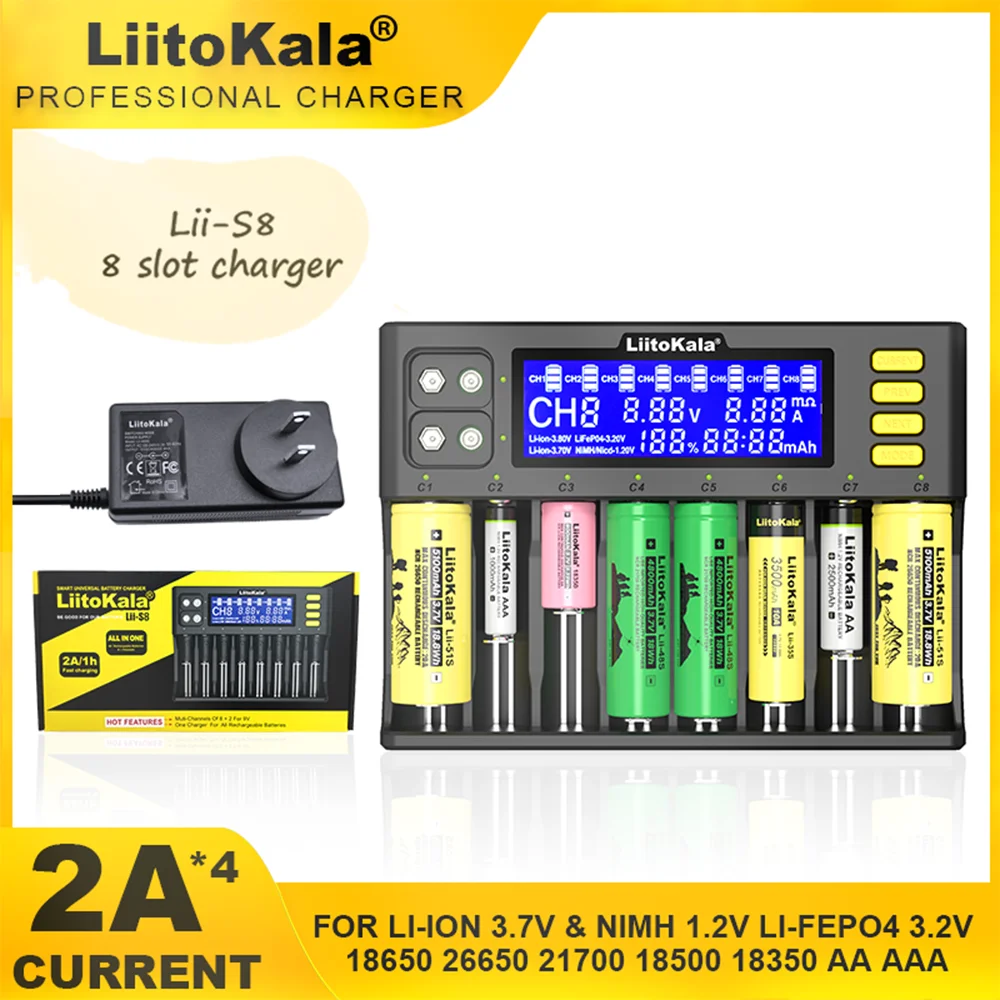 LiitoKala Lii-S8 PL2 18650 Li-ion 3,7 V NiMH 1,2 V Li-FePO4 3,2 V IMR 3,8 V do 26650 21700 26700 18350 AA AAA 9 V Ładowarka