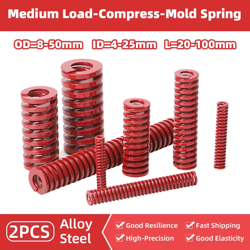 Creamily 2PCS Medium Load Die Mold Spring Red Spiral Stamping Compression Mould Springs For Rear Trunk OD8-50mm Length20-100mm