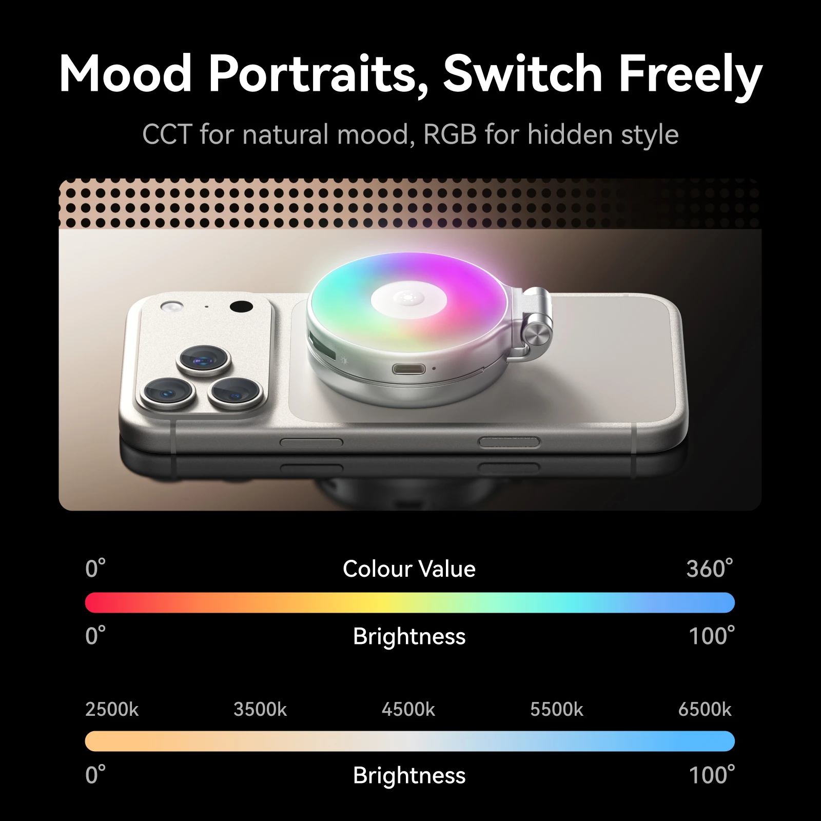 TELESIN Magnetic 360° Rotating RGB Mini Selfie Fill Light | 3 Adjustable Color & Brightness Modes for iPhone & Android Smartphon