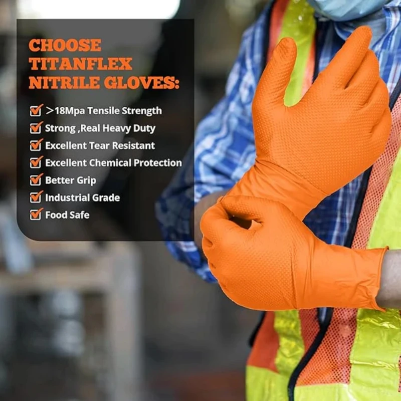 Heavy Duty Orange Nitrile Gloves 8Mil Industrial Disposable Gloves with Diamond Textured Grip for Mechanic Safety & Work Gloves