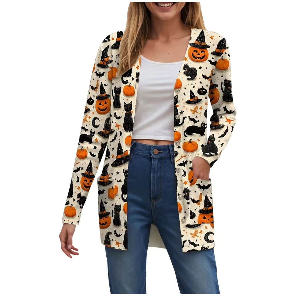 

Women Casual Printed Pocket Button Cardigan Loose Fall And Winter Korean Fashion Autumn Casual Loose Windbreaker Cardigan