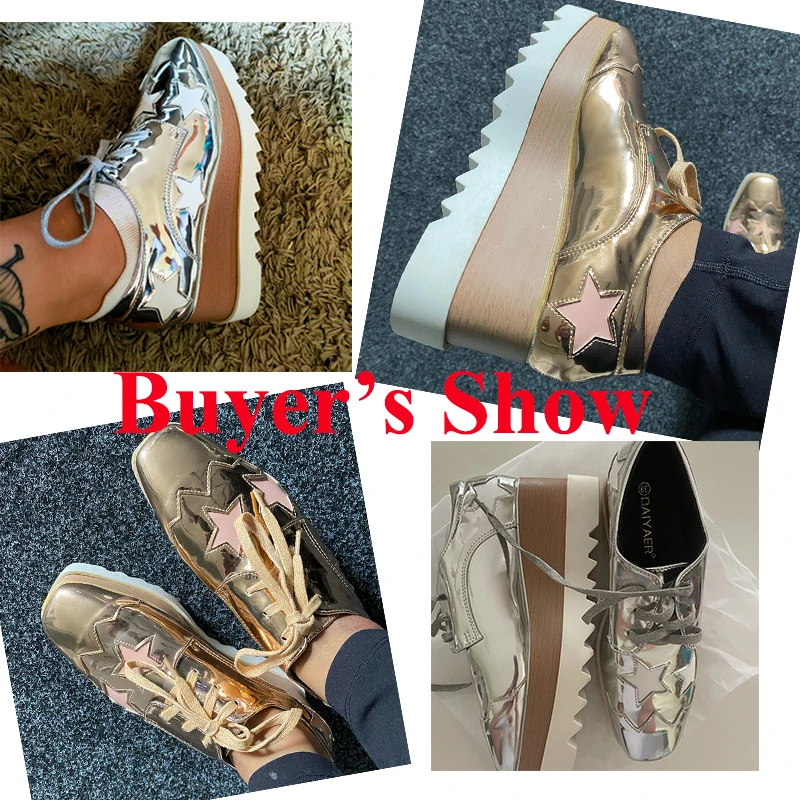 2022 Autumn Women Patent Leather Stars Flat Platform Casual Shoes Fashion Lace Up Brogue Shoes Footwear Chaussures Femme