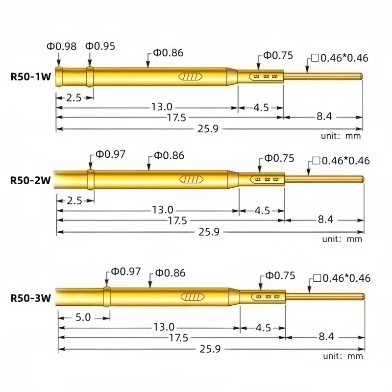 20/100PCS R50-1W R50-2W R50-3W Test Pin P50-B1 Receptacle Brass Tube Needle Sleeve Seat Wire-wrap Probe Sleeve 25.9mm Dia 0.86mm