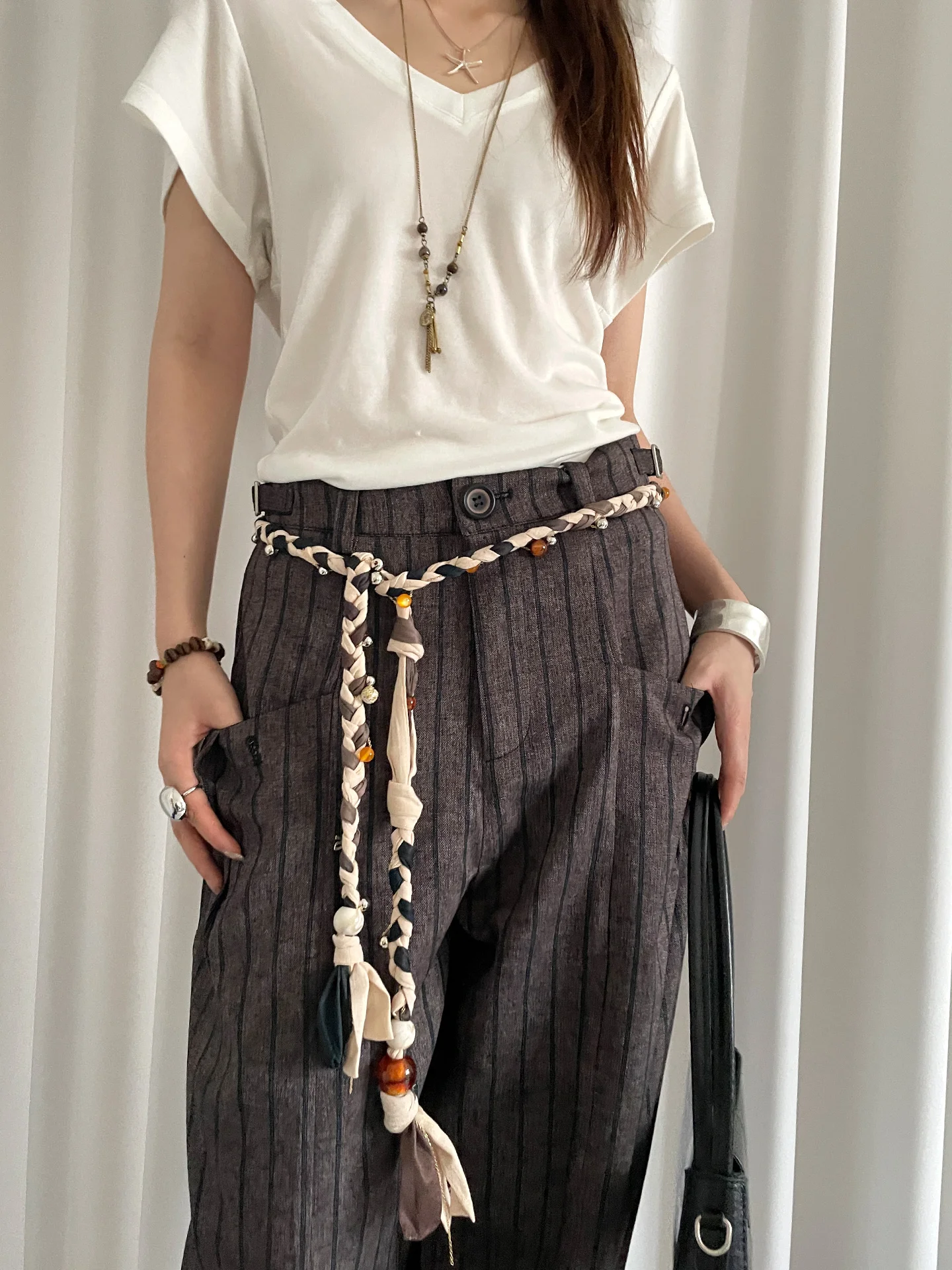 

Дизайнерский ремень ручной работы из льна с квадратными и круглыми бусинами, цепочка на талию с кисточками для девушек в стиле High Street