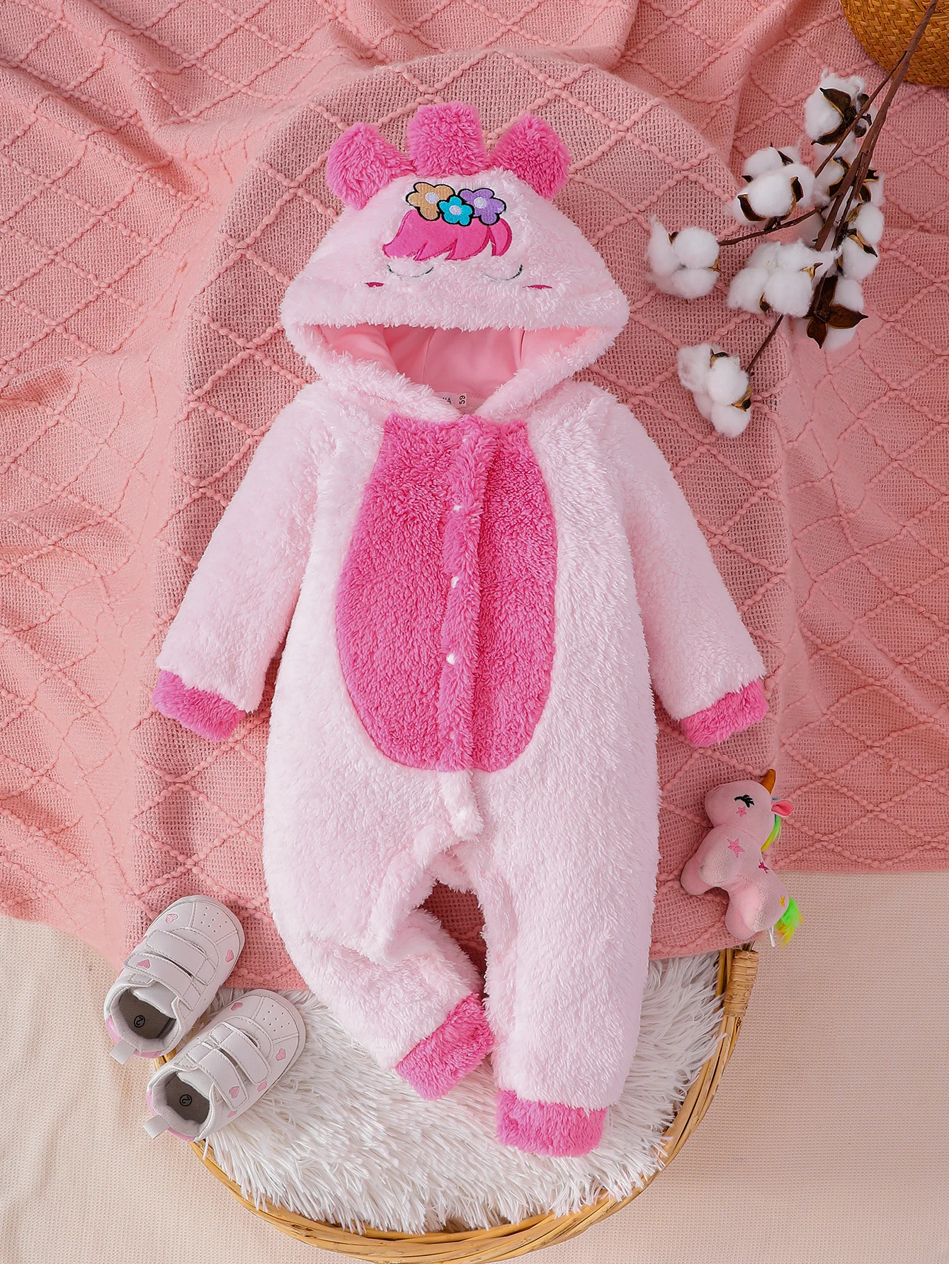 Rosa Kapuzen-Einteiler für Mädchen für Herbst und Winter, lässiger Stil, Babykleidung, All-in-One-Anzug mit Mütze für Kleinkinder