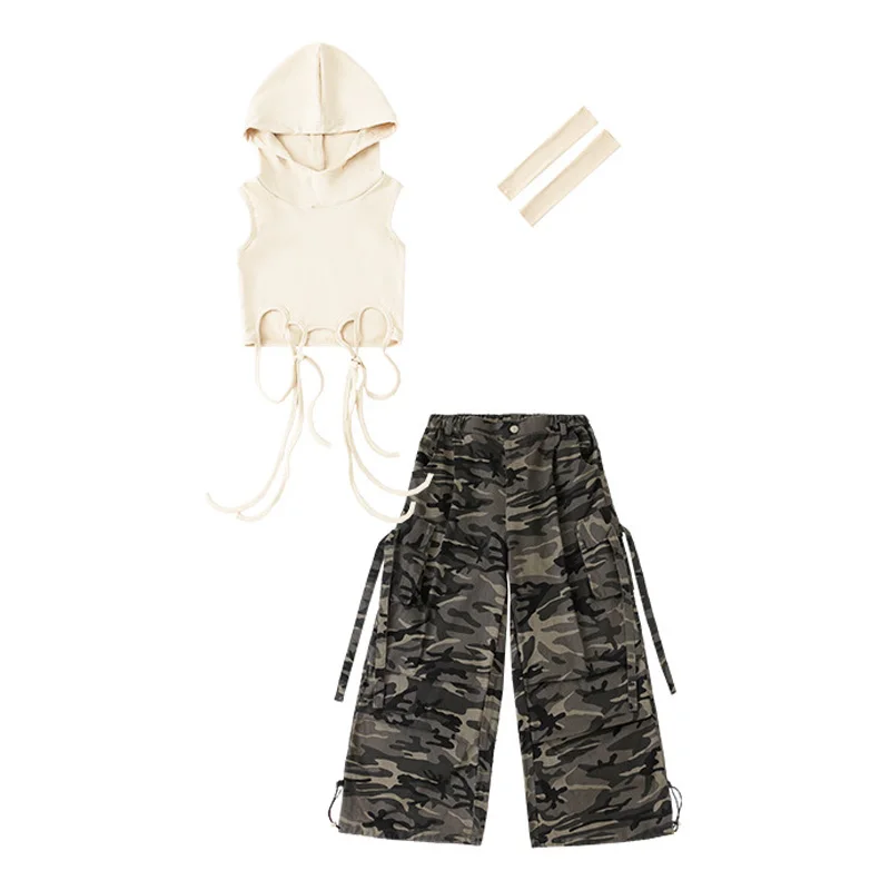 Kid Moderne Danskleding Meisje Jazzdans Lace up Crop Hoodie Camouflage Broek Navel Prestaties Pak Kpop Groep Toneelkostuum