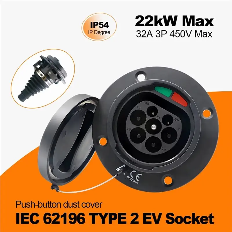 IEC 62196 Tipo 2 EV Tomada lateral para carro 32A 3P Tomada de carregamento para carro elétrico sem cabo Padrão europeu
