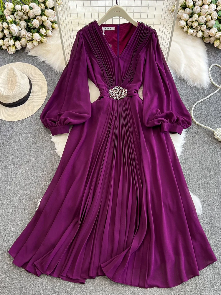 Autumn Purple/Black/Red Diamonds Draped Chiffon Pleated Party Long Dress Women Beach Vacation Vestidos Elegant Puff Sleeve Robe