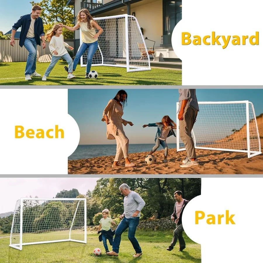 But de football portable pour une pratique dans le jardin : 12 x 6 pi, 10 x 6,5 pi et 8 x 5 pi, tailles adaptées aux adultes, légères et faciles à utiliser.