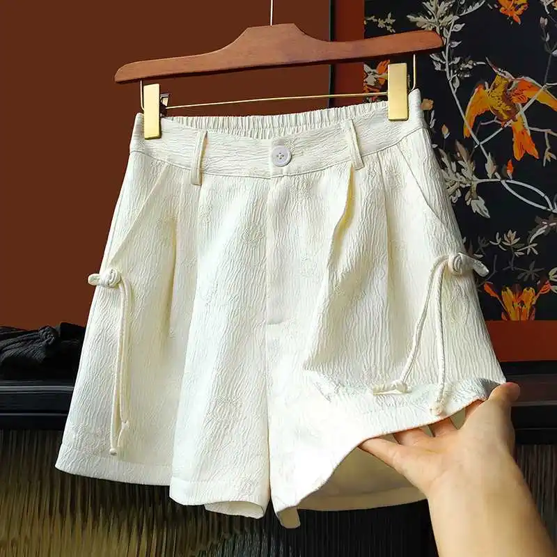 Zwart Vintage 3D Reliëf Jacquard Casual Vrouwen Zomer Nieuwe Chinese Stijl Hoge Taille Wijde Pijpen Shorts