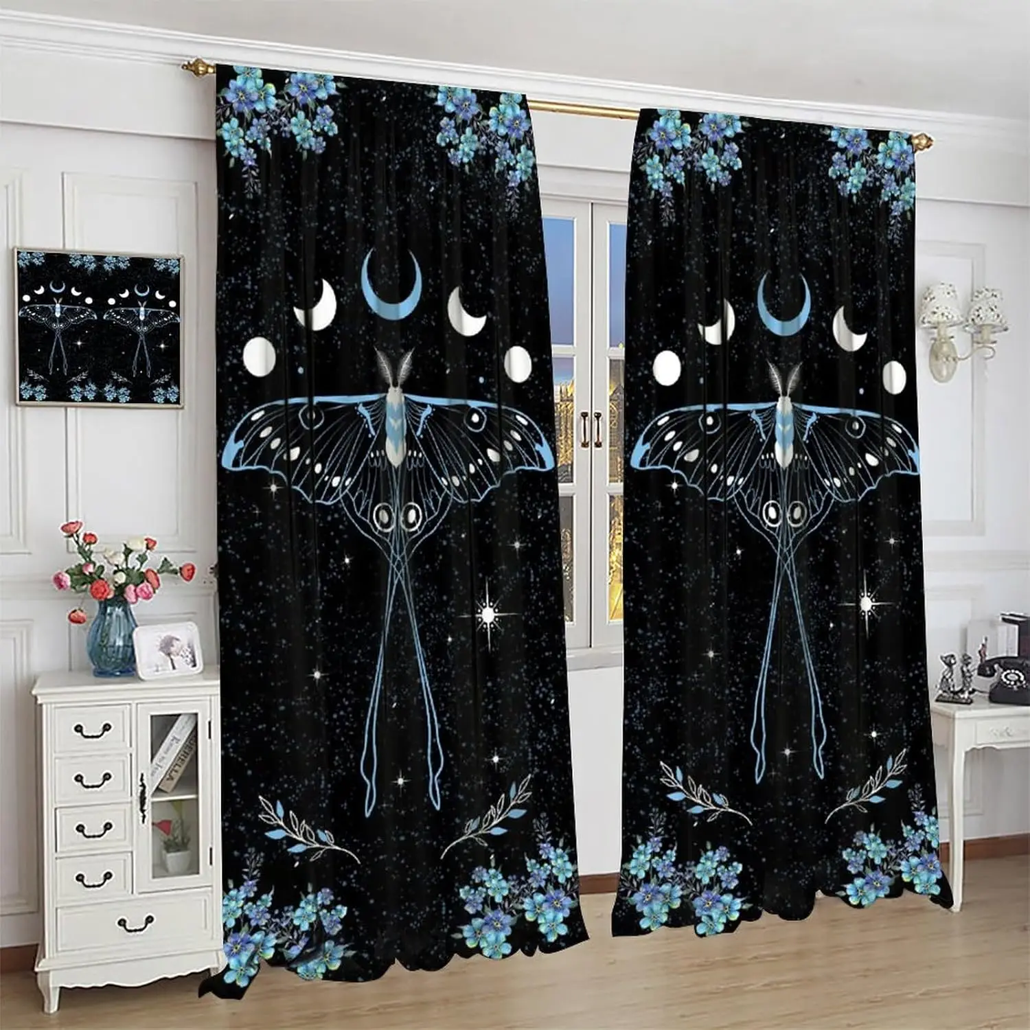 Fantasy Butterfly Moth Curtains Sun Moon Star Floral Art Printed Rod Pocket Blackout Window Drapes for Living Room Bedroom
