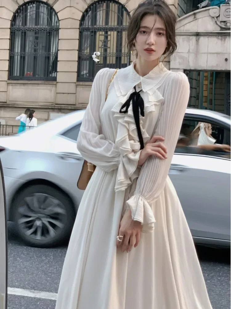 

Sweet Preppy Style Long Dress Women Elegant French A Line Ruffles Casual Chic Office Robe Spring New Fashion Vestdios Mujer