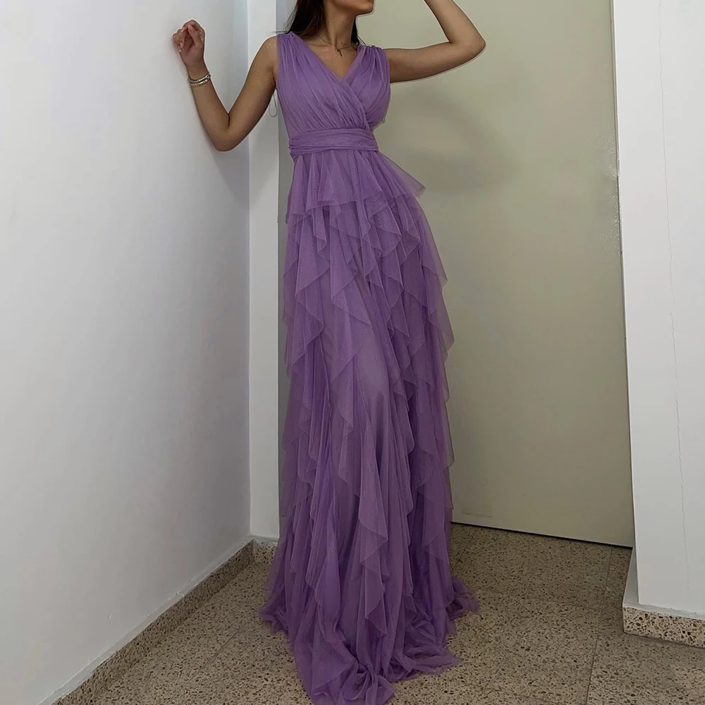 

Purple Floor Length Saudi Arabia Evening Gowns Tulle Sleeveless Straight V Neck Fashion Sweep Train Dresses For Formal Occasions