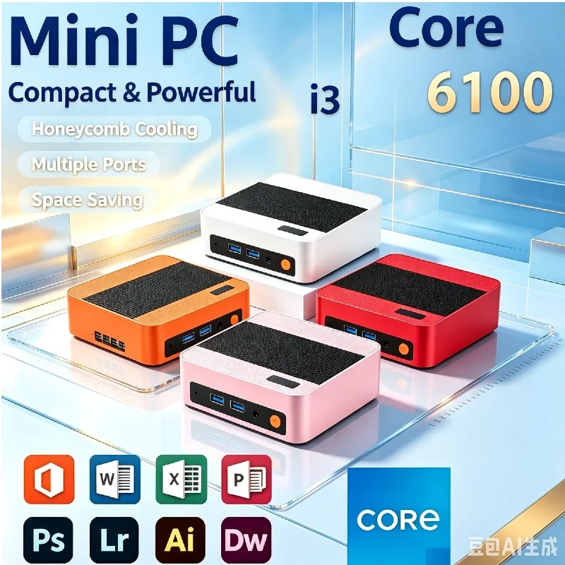 New Core i3-6100 Compact Mini PC, 16GB RAM, 1TB/2TB SSD, WiFi6 BT5.2, 4K@60Hz, Low Power Desktop for Office, Study & Light Game